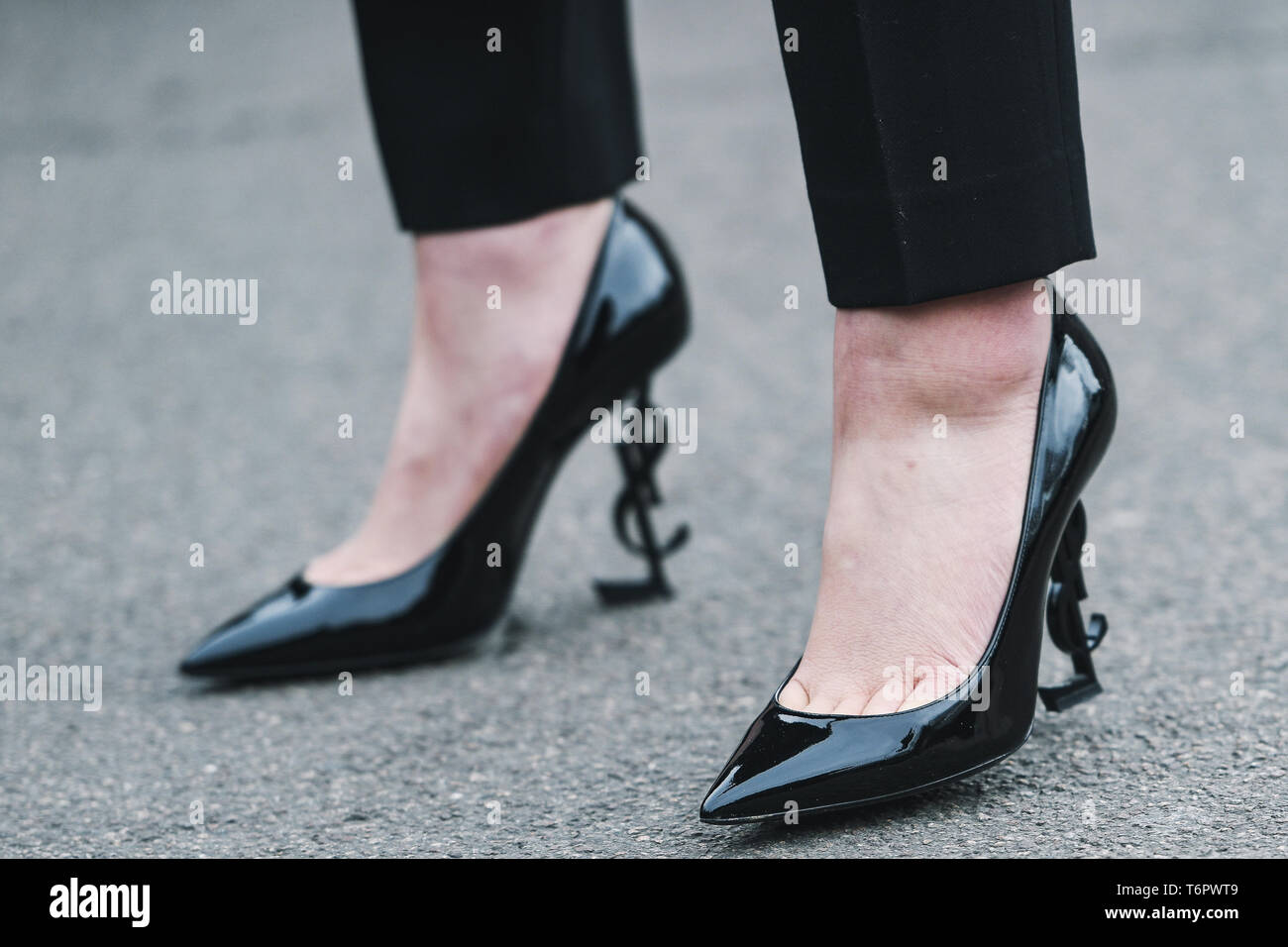 Milan, Italy - February 23, 2019: Street style – Shoes detail after a fashion show during Milan Fashion Week - MFWFW19 Stock Photo