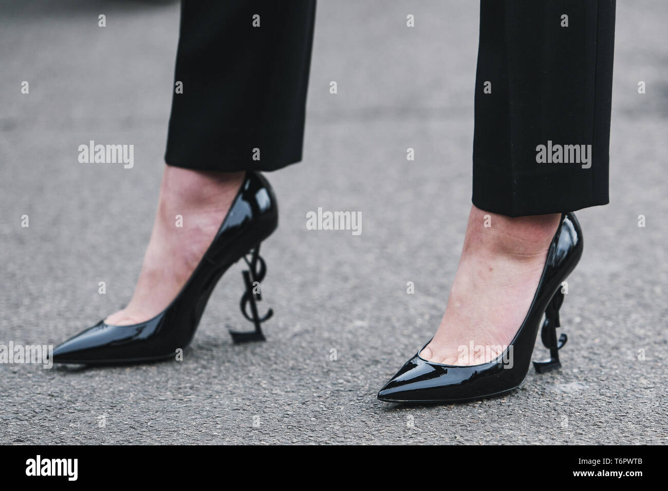 Milan, Italy - February 23, 2019: Street style – Shoes detail after a fashion show during Milan Fashion Week - MFWFW19 Stock Photo