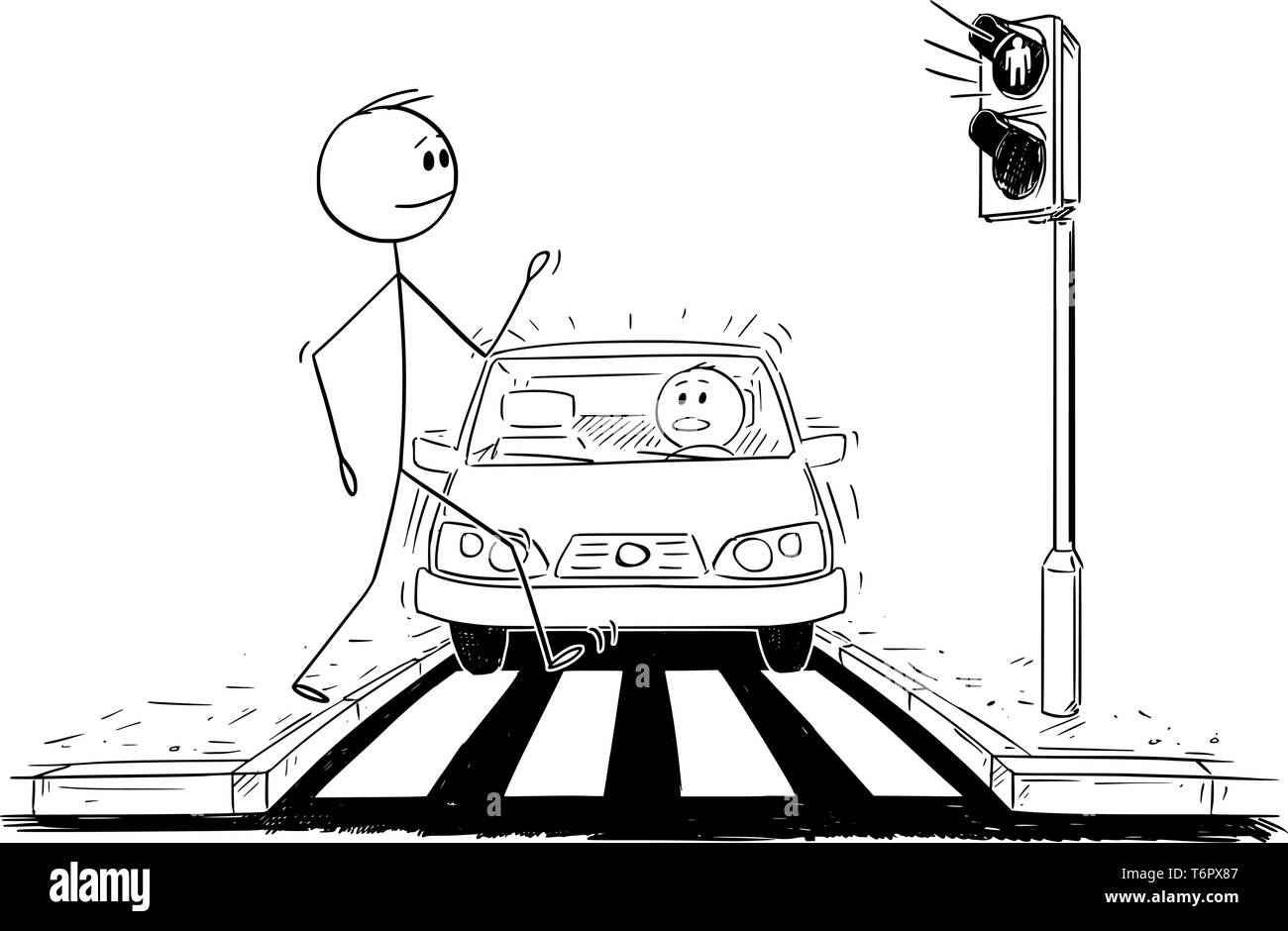 Cartoon stick figure drawing conceptual illustration of man walking on crosswalk or pedestrian crossing ignoring that red light is on on stoplights and car is getting closer. Stock Vector