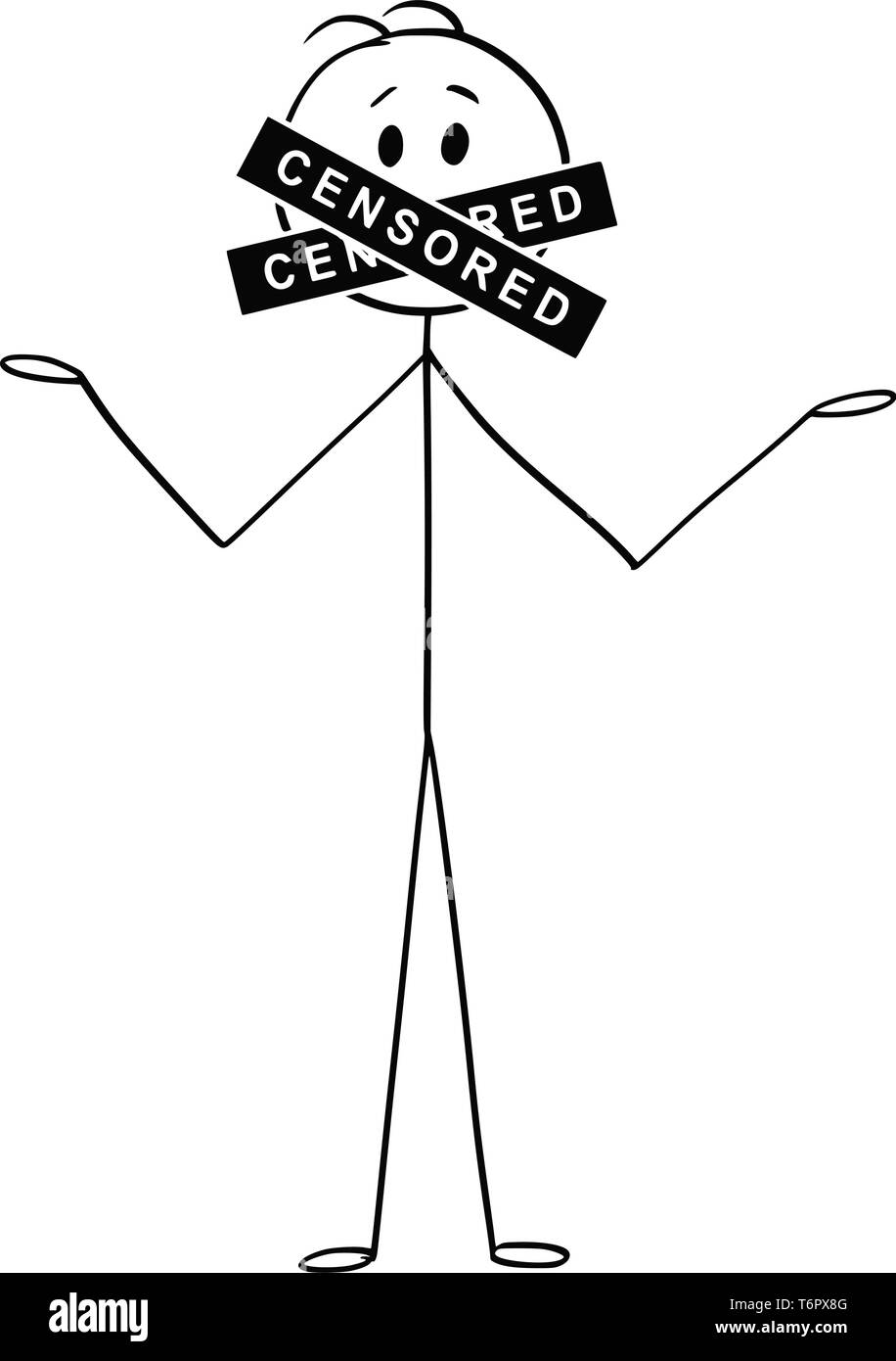 Cartoon stick figure drawing conceptual illustration of talking man with censored bar or sign covering his mouth. Concept of freedom of speech and censure. Stock Vector