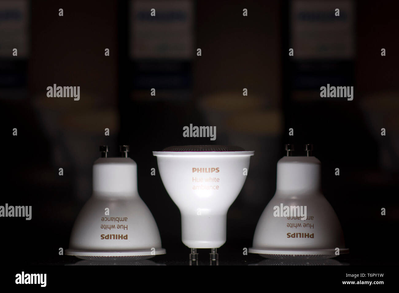 Philips Hue White Ambiance GU10 light bulbs pictured in London