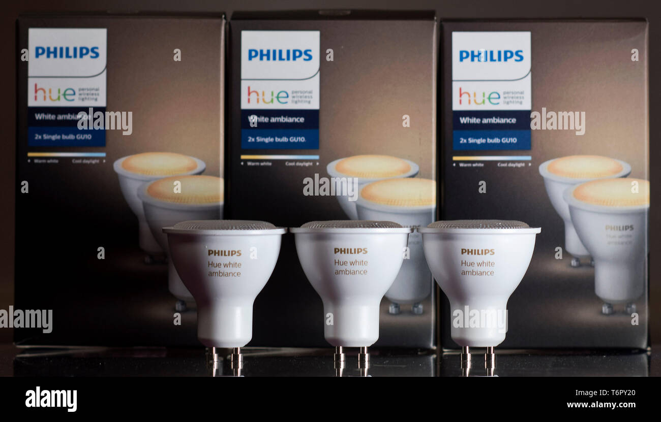 Philips Hue White Ambiance GU10 light bulbs pictured in London. May 1, 2019. The bulbs are modern smartphone voice activated technology Stock Photo - Alamy