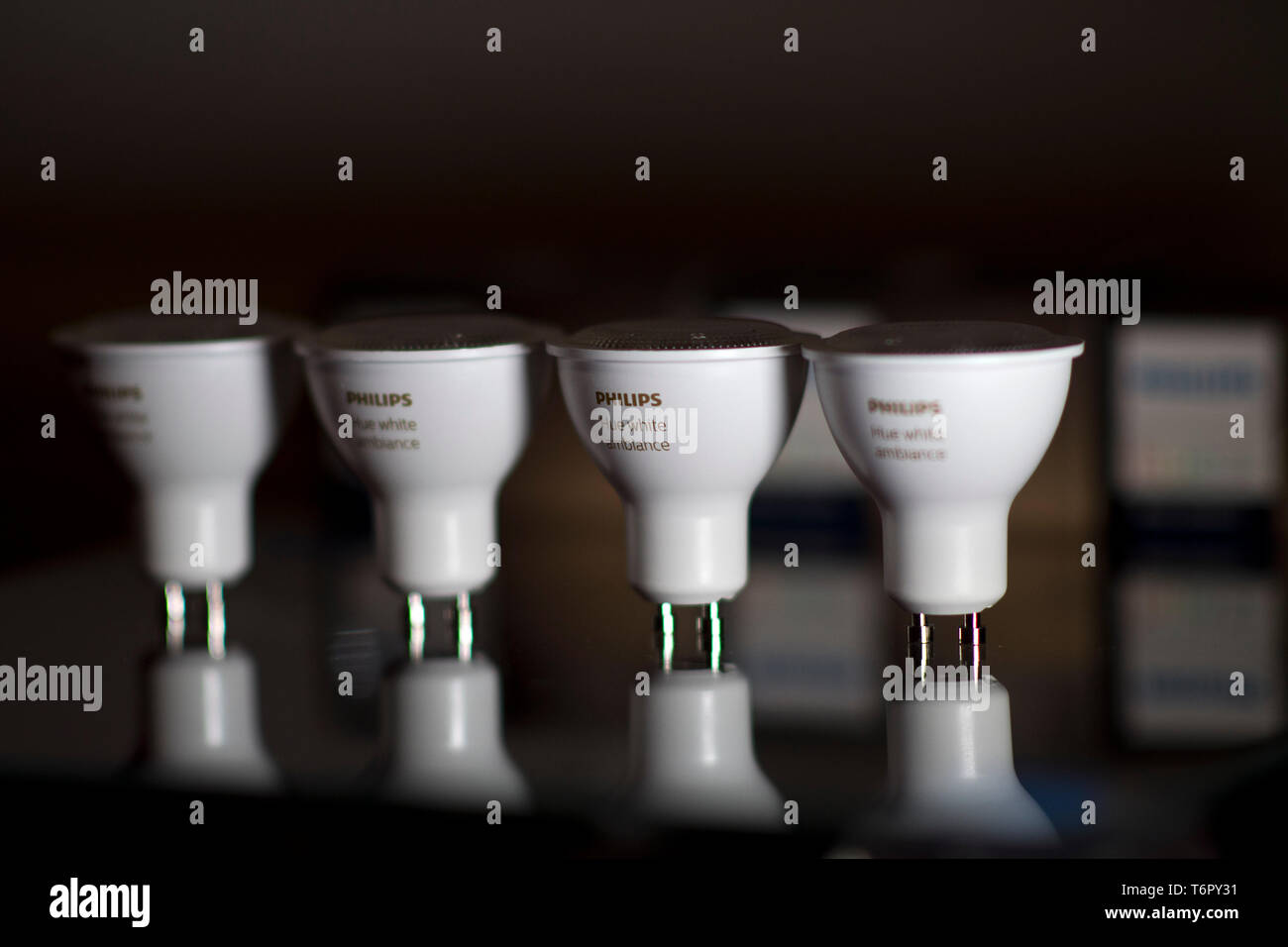 Philips Hue Ambiance GU10 light bulbs pictured in London. 1, 2019. The LED bulbs are modern smartphone voice technology Stock Photo Alamy
