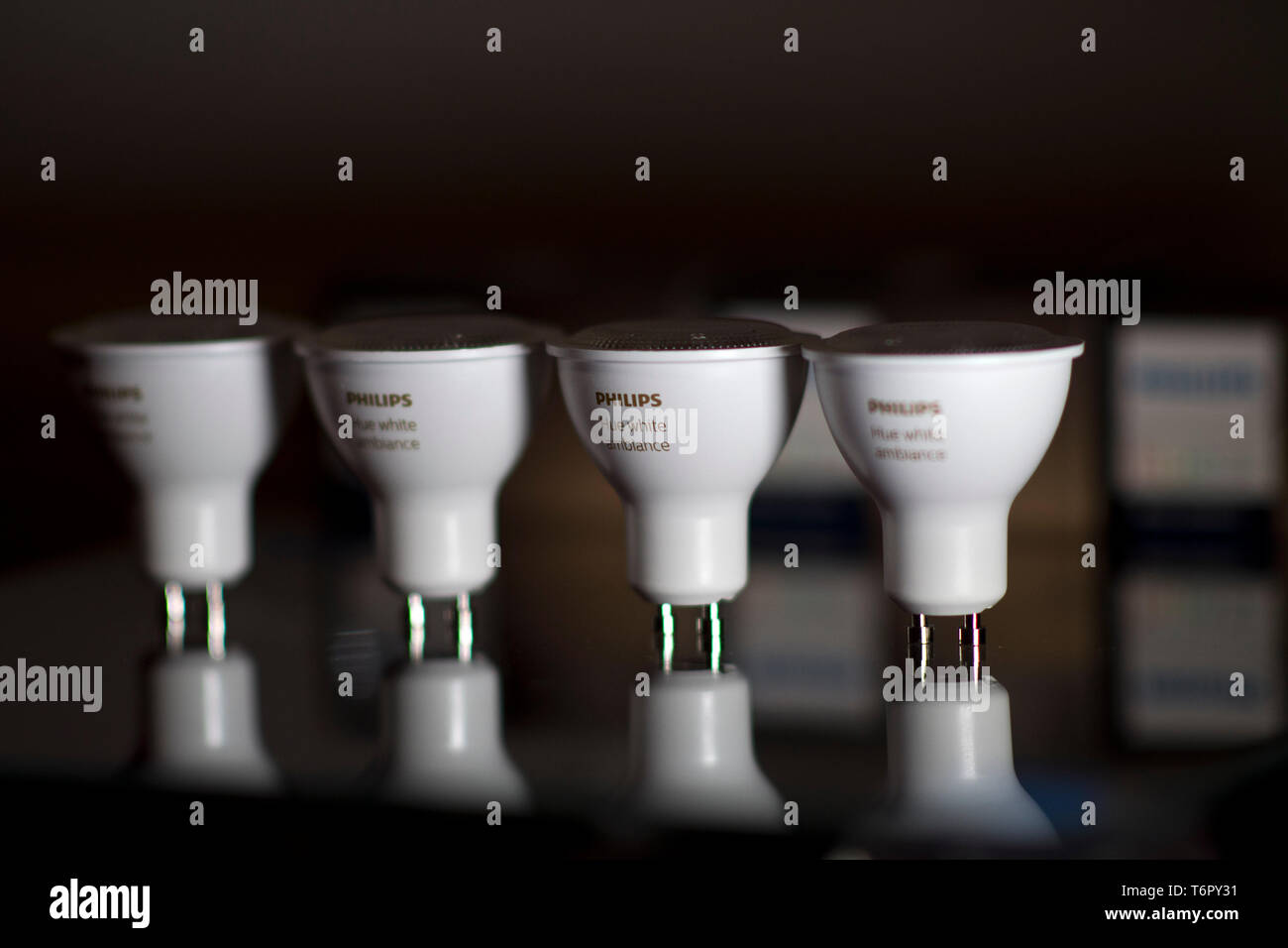 Philips Hue White Ambiance GU10 light bulbs pictured in London