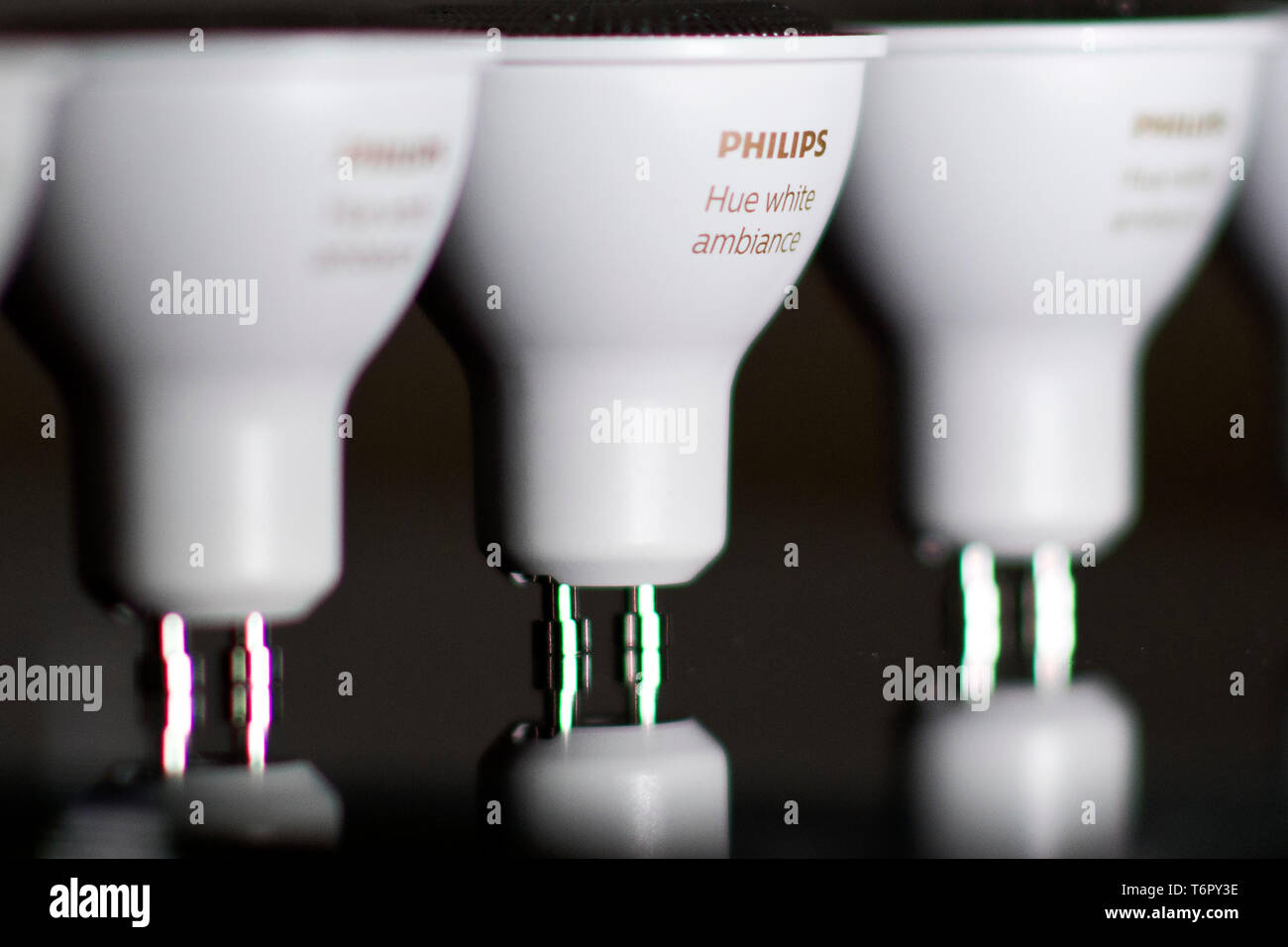Philips Hue White Ambiance GU10 light bulbs pictured in London