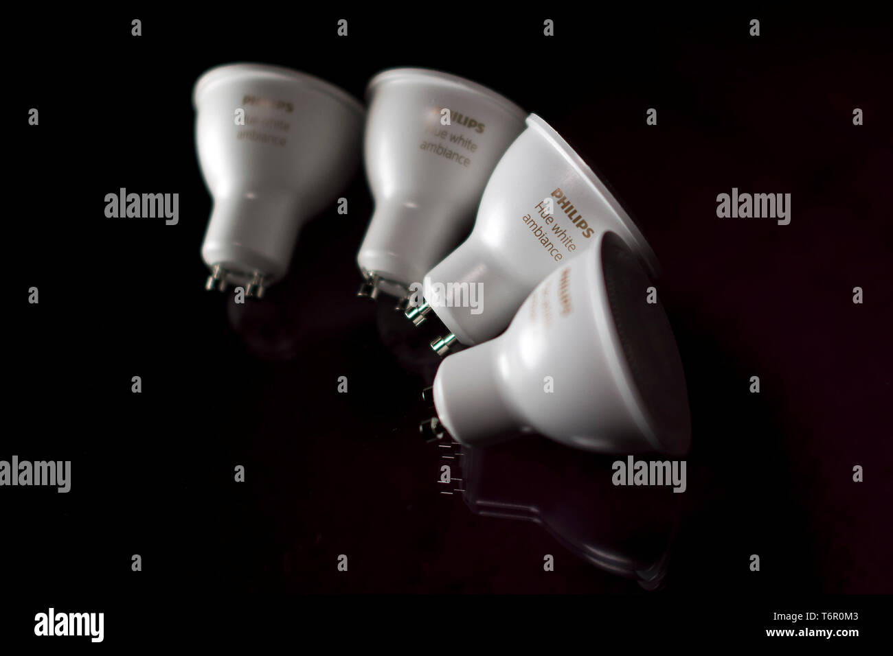 Philips Hue White Ambiance GU10 light bulbs pictured in London