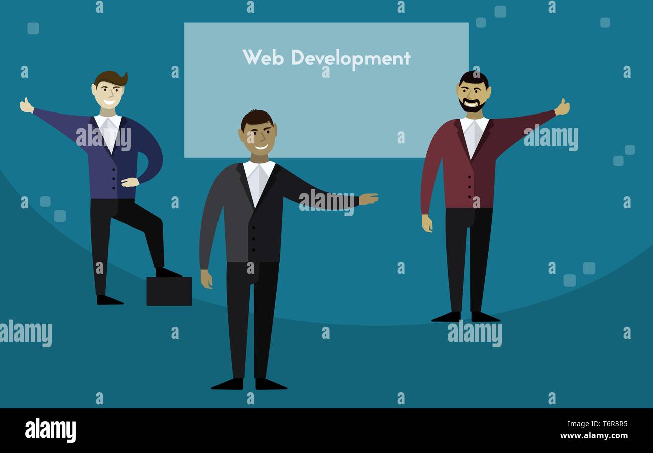 Three men are giving a presentation. Vector illustration. The concept of programming. Web development. Stock Vector