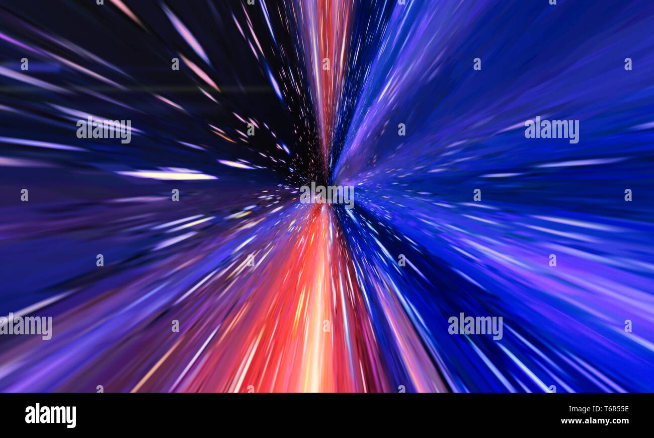 Interstellar, time travel and hyper jump in space. Flying through wormhole tunnel or abstract energy vortex. Singularity, gravitational waves and spac Stock Photo