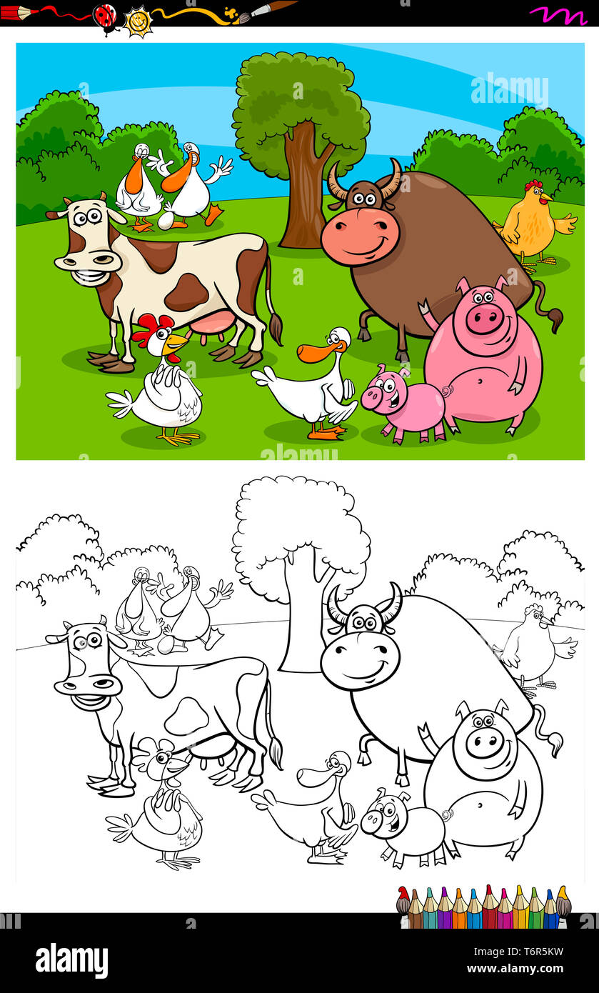 farm animals characters group color book Stock Photo - Alamy
