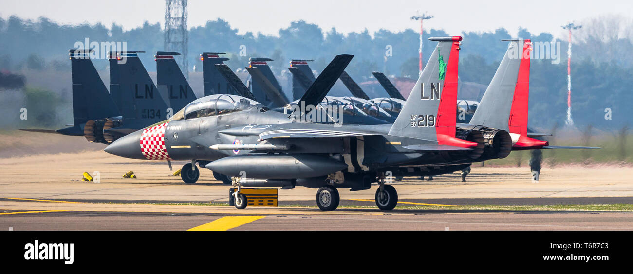 Mcdonald Douglas F-15E Strike Eagle in special heritage colours. This aircraft is from the 494th Tactical Fighter Squadron, 48th FW at RAF Lakenheath, Stock Photo
