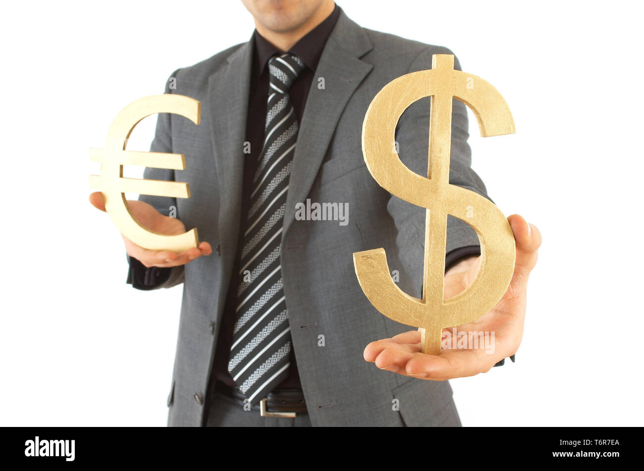 businessman with US dollar and euro signs on white Stock Photo