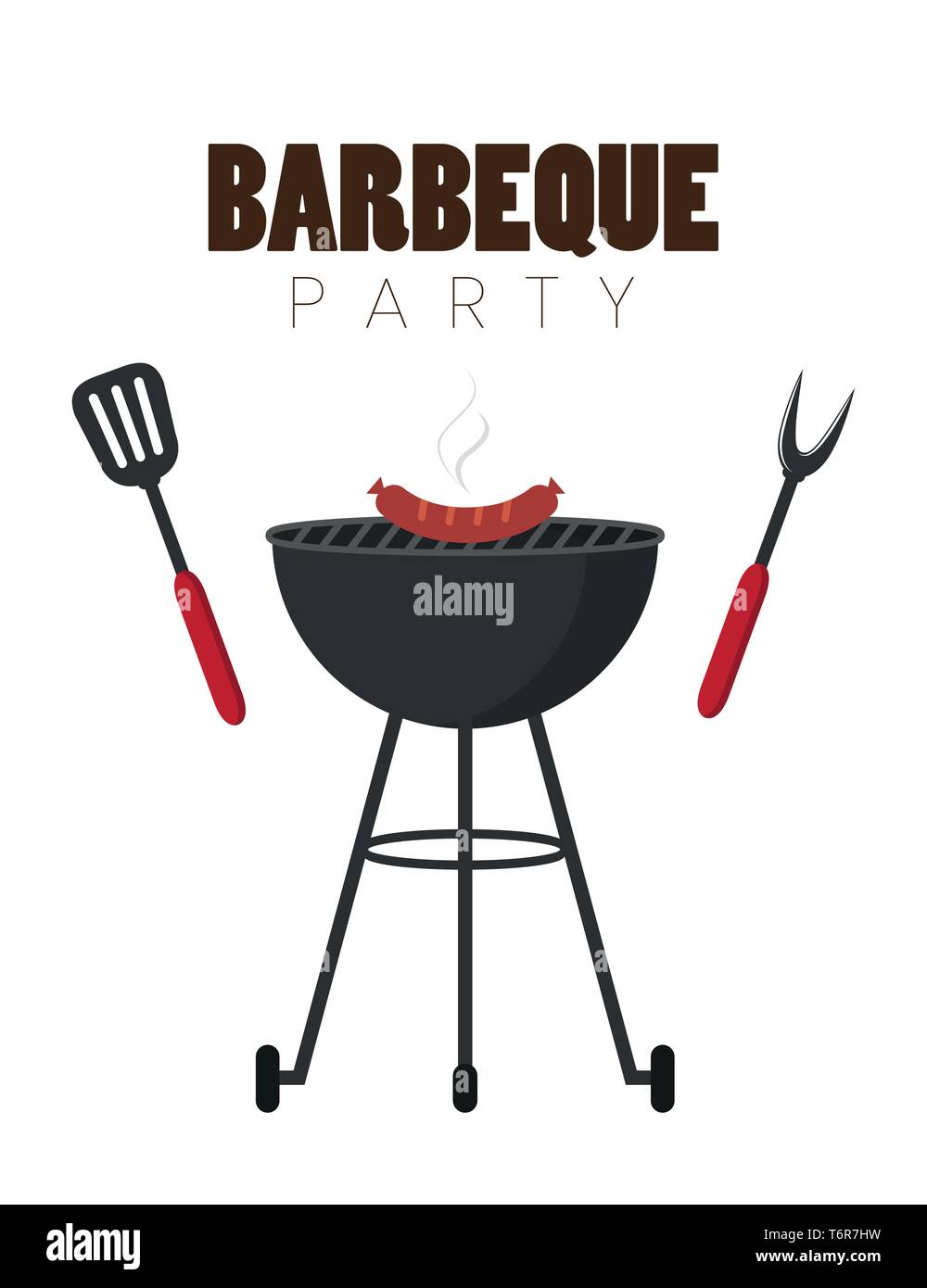 bbq party red kettle barbecue with sausages and grill cutlery vector illustration EPS10 Stock Vector
