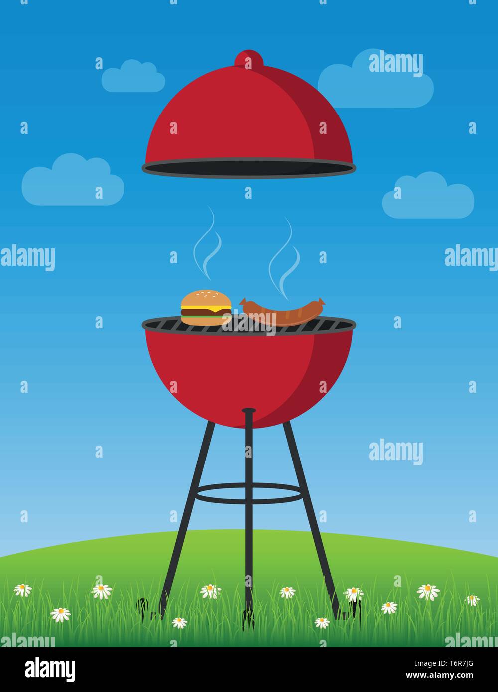 bbq time in summer red kettle barbecue with sausage and burger vector illustration EPS10 Stock Vector