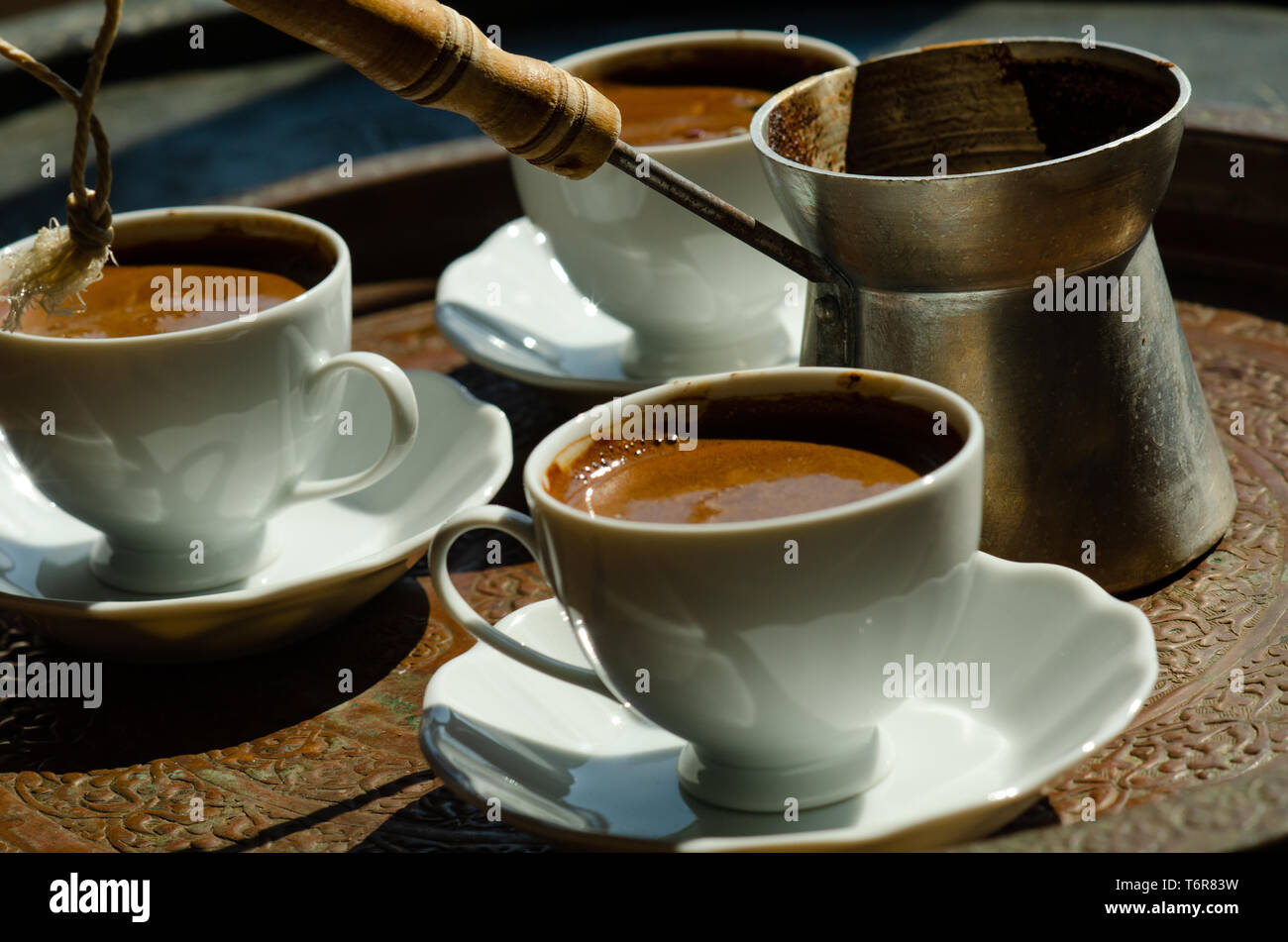 Traditional tray of Arabic or Turkish style coffee Stock Photo
