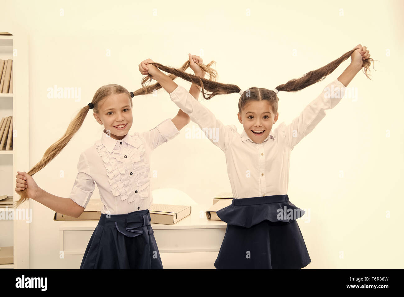 Happy Little Girls Play Hairdresser Game At School Little