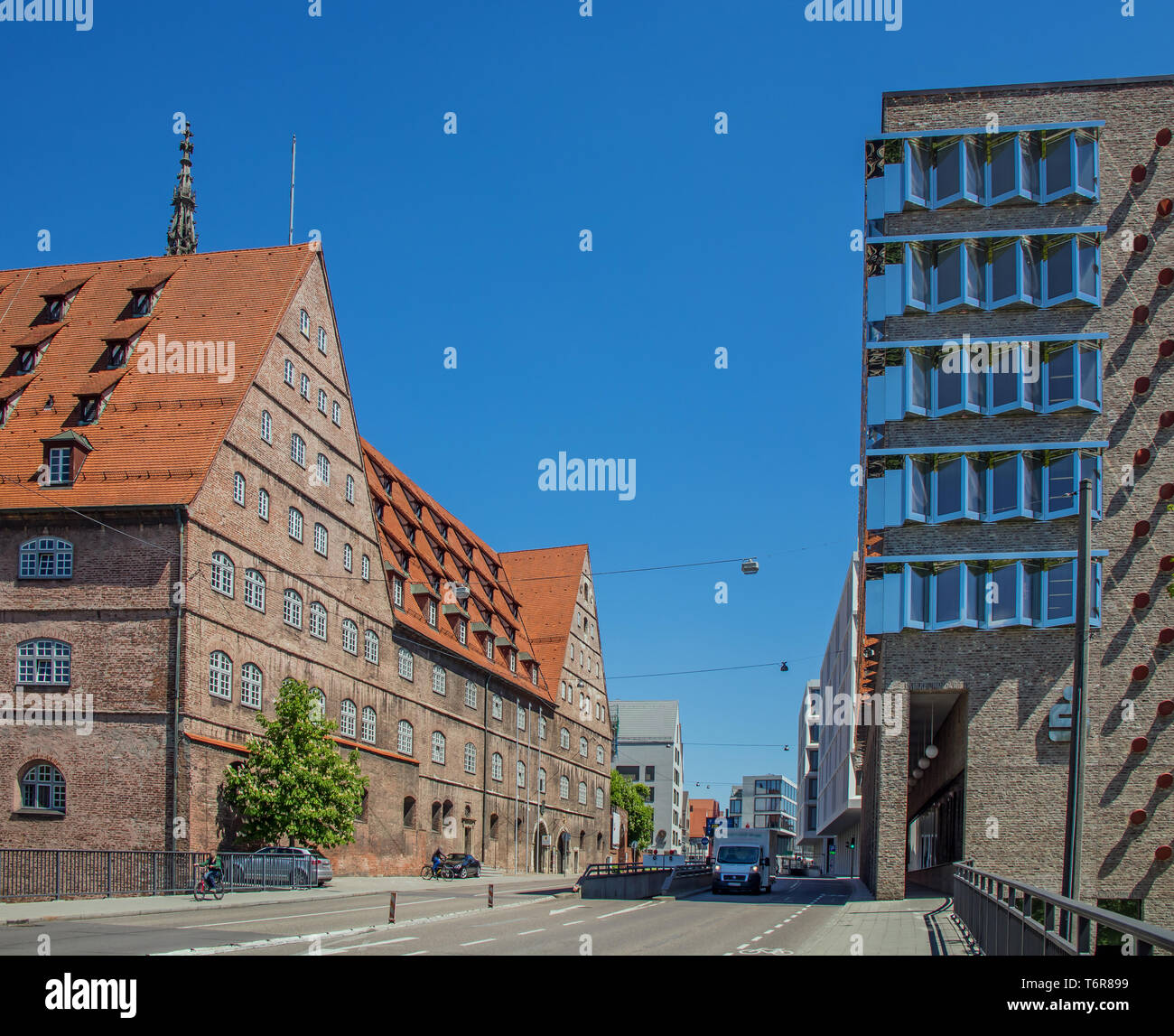 Ulm, Building of the Saving Bank and Neuer Bau Stock Photo
