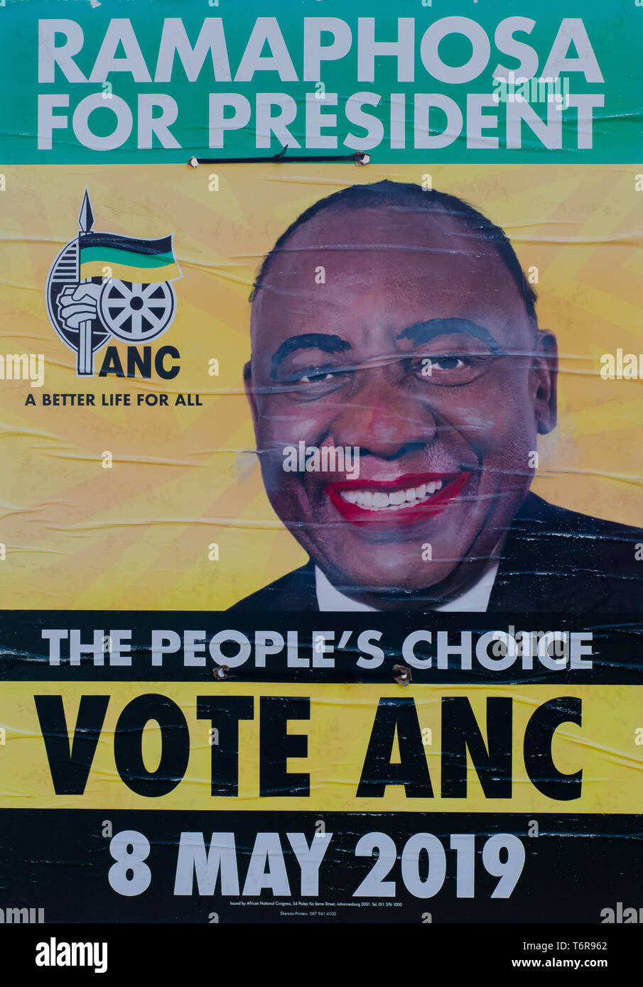This 2019 ANC general election poster in Durban had passers by chuckling at President Cyril Ramaphosa's extreme makeover by some unknown street joker. Stock Photo
