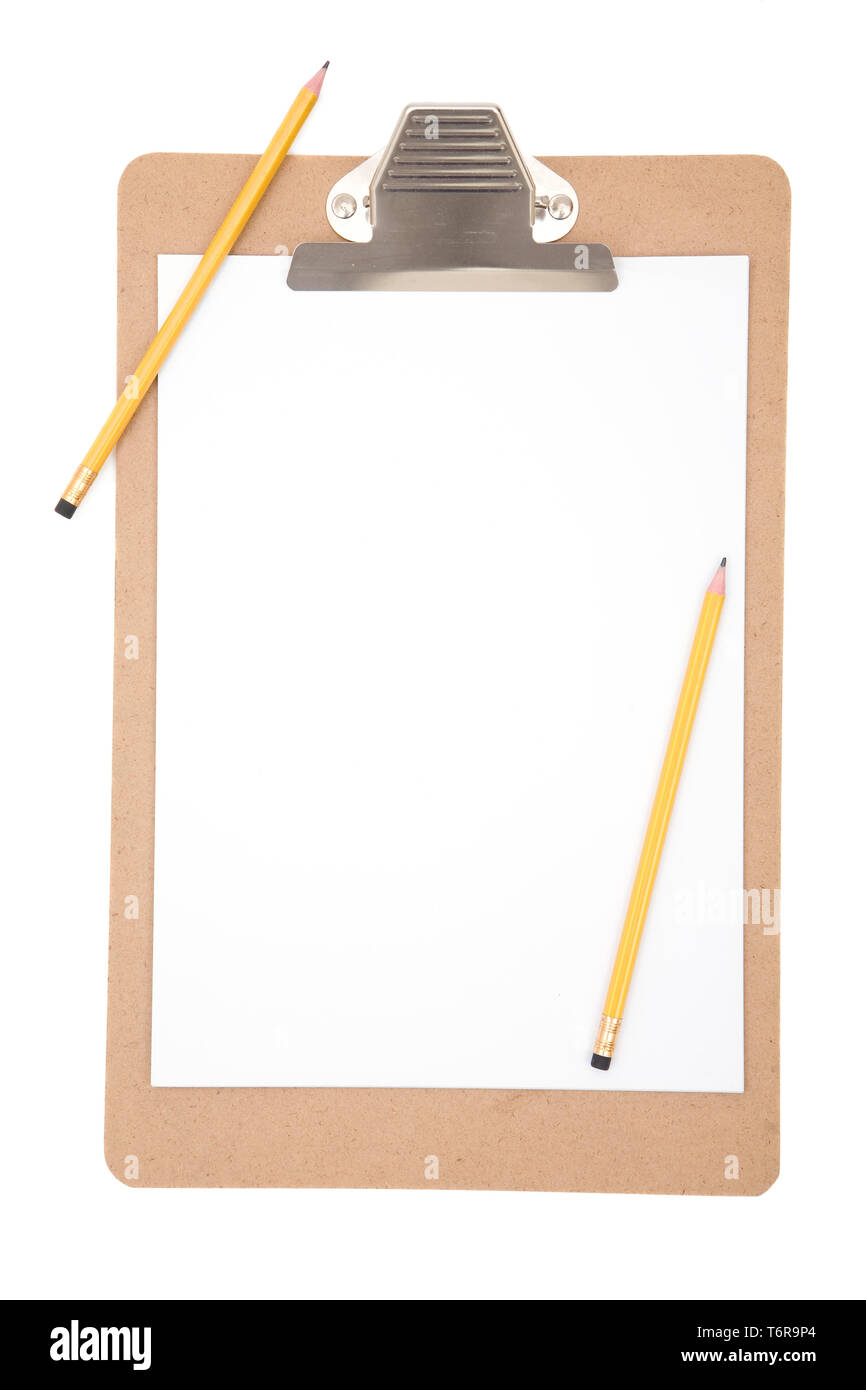 clipboard close up with pencils on white background Stock Photo - Alamy