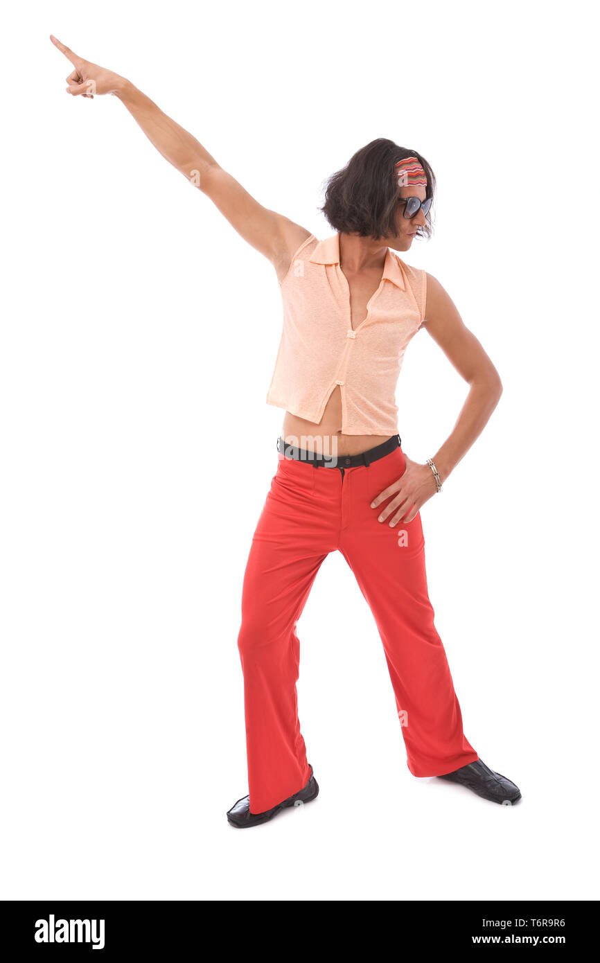 funny looking retro style man dancing on white background Stock Photo