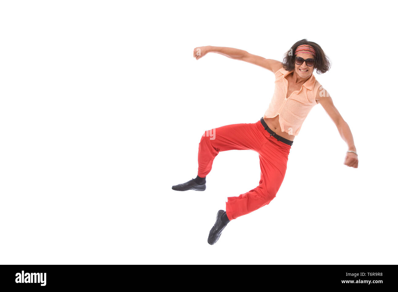funny looking retro style man dancing on white background Stock Photo