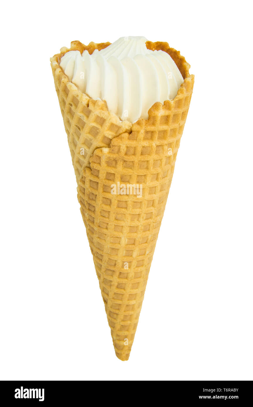 Vanilla ice cream in waffle cone isolated on white background, vertical ...