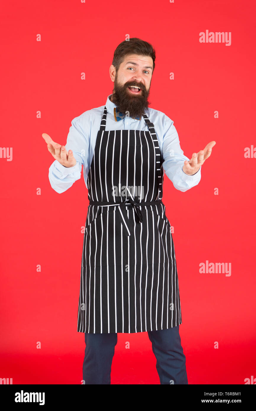 You Are Welcome Bearded Man With Greeting Gesture Wearing Bib Apron Cheerful Man Cook With 