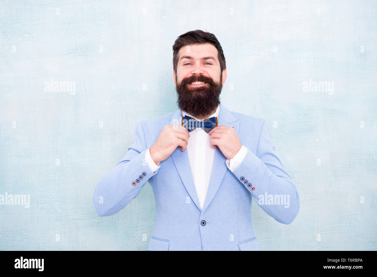 My big day. Well groomed guy in wedding tuxedo. Man bearded hipster formal  suit with bow tie. Wedding fashion. Formal style perfect outfit. Impeccable  groom. Tips for dealing pre wedding anxiety Stock