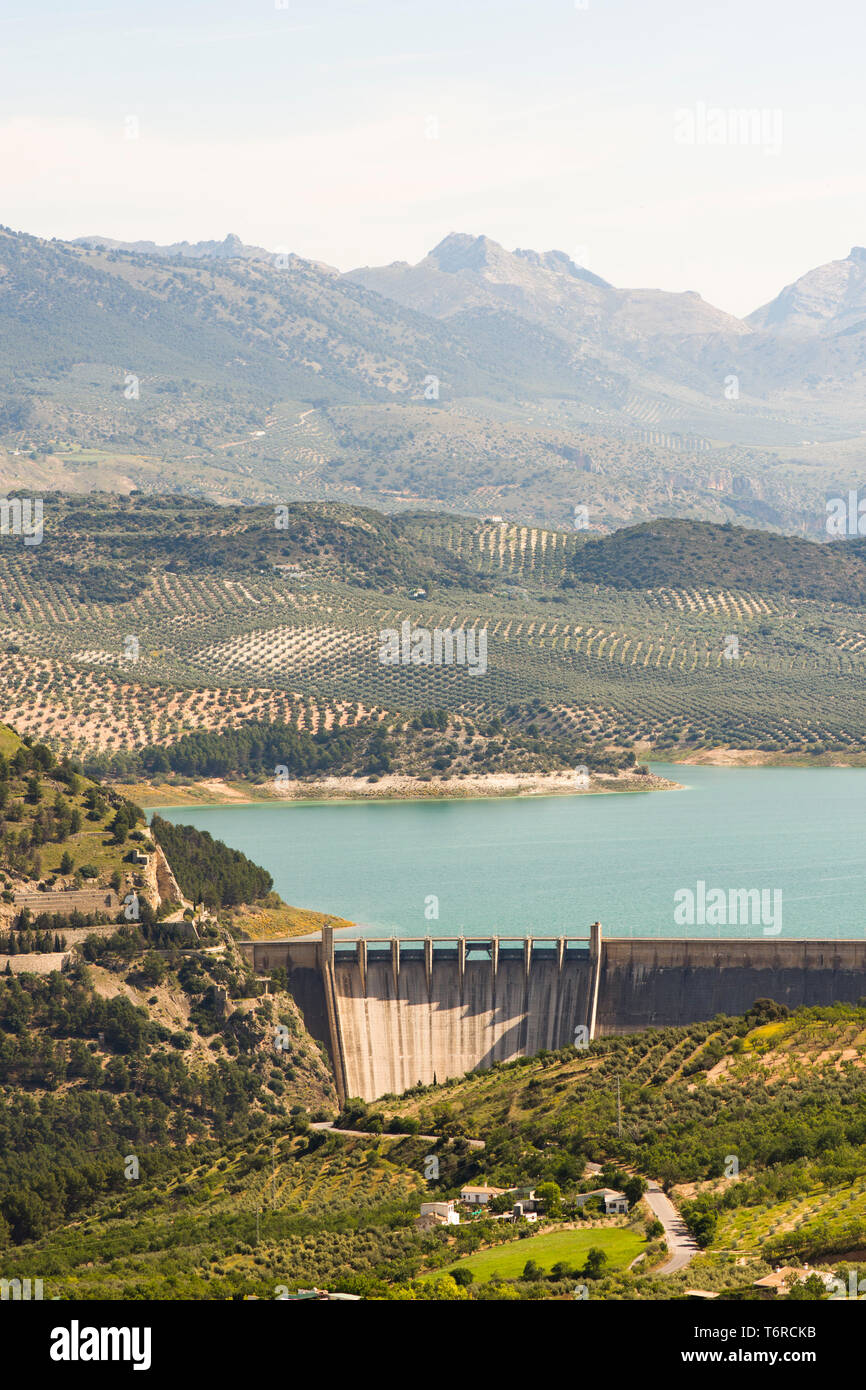 Dam at Iznajar Reservoir, of Geníl river, providing electricity, Cordoba province, Spain. Stock Photo