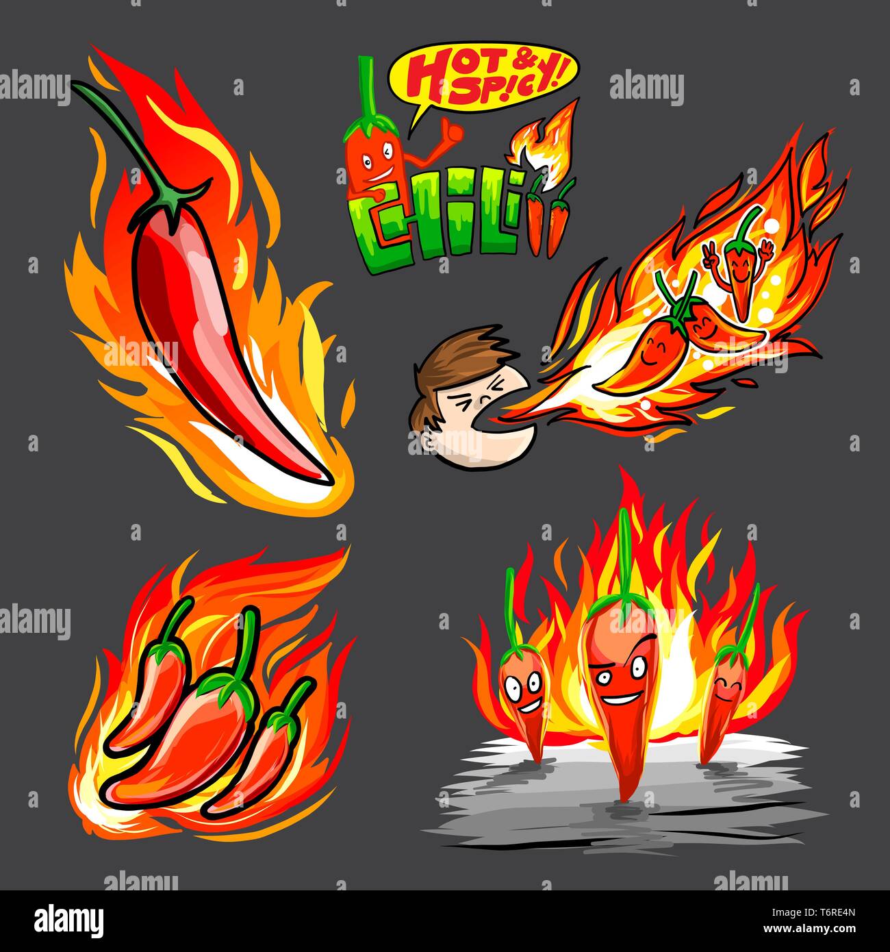 A set of vector drawing chili peppers with flame Stock Vector Image & Art Alamy
