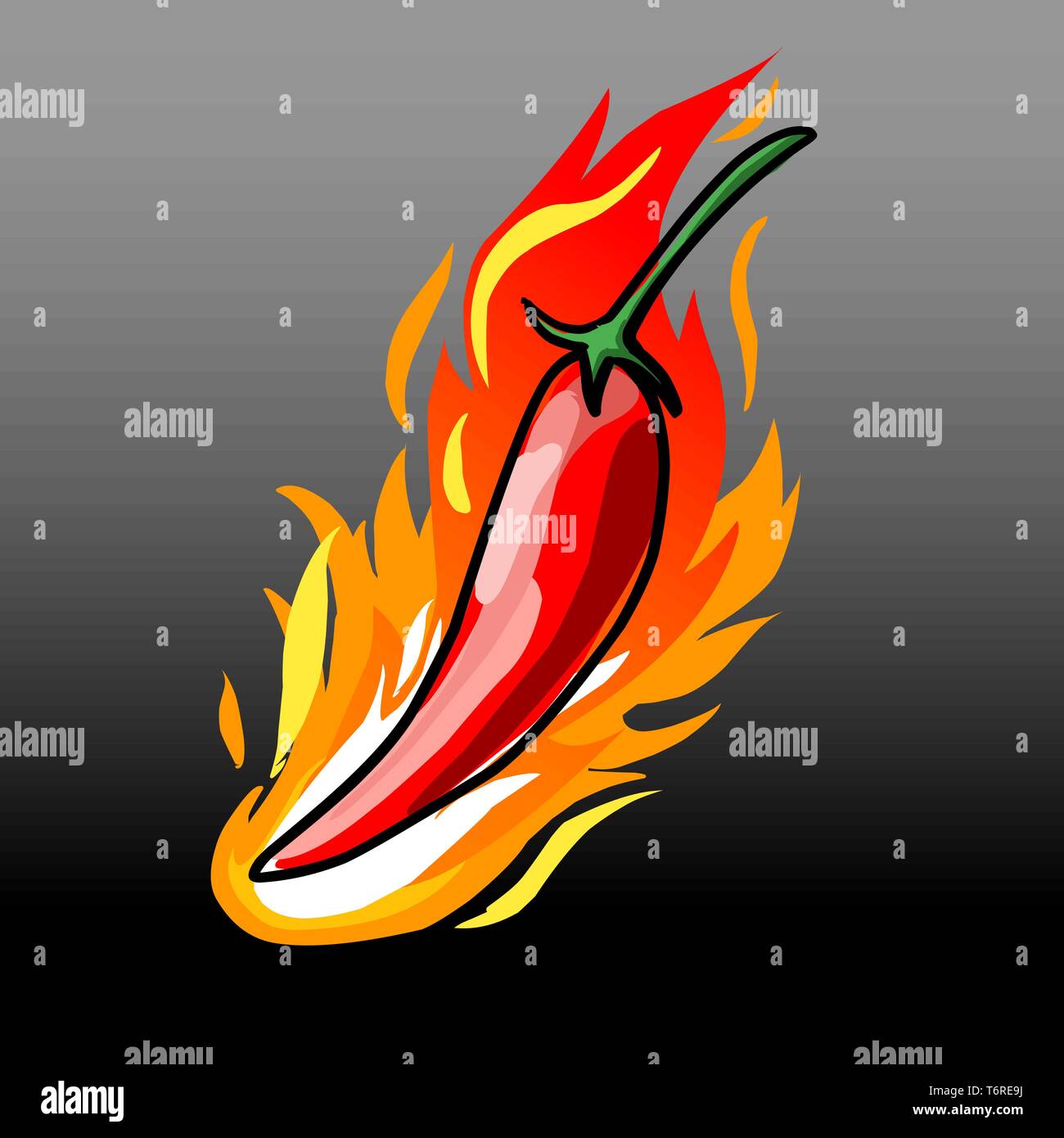 Chili pepper burn with flame, hot and spicy on dark gradient background Stock Vector