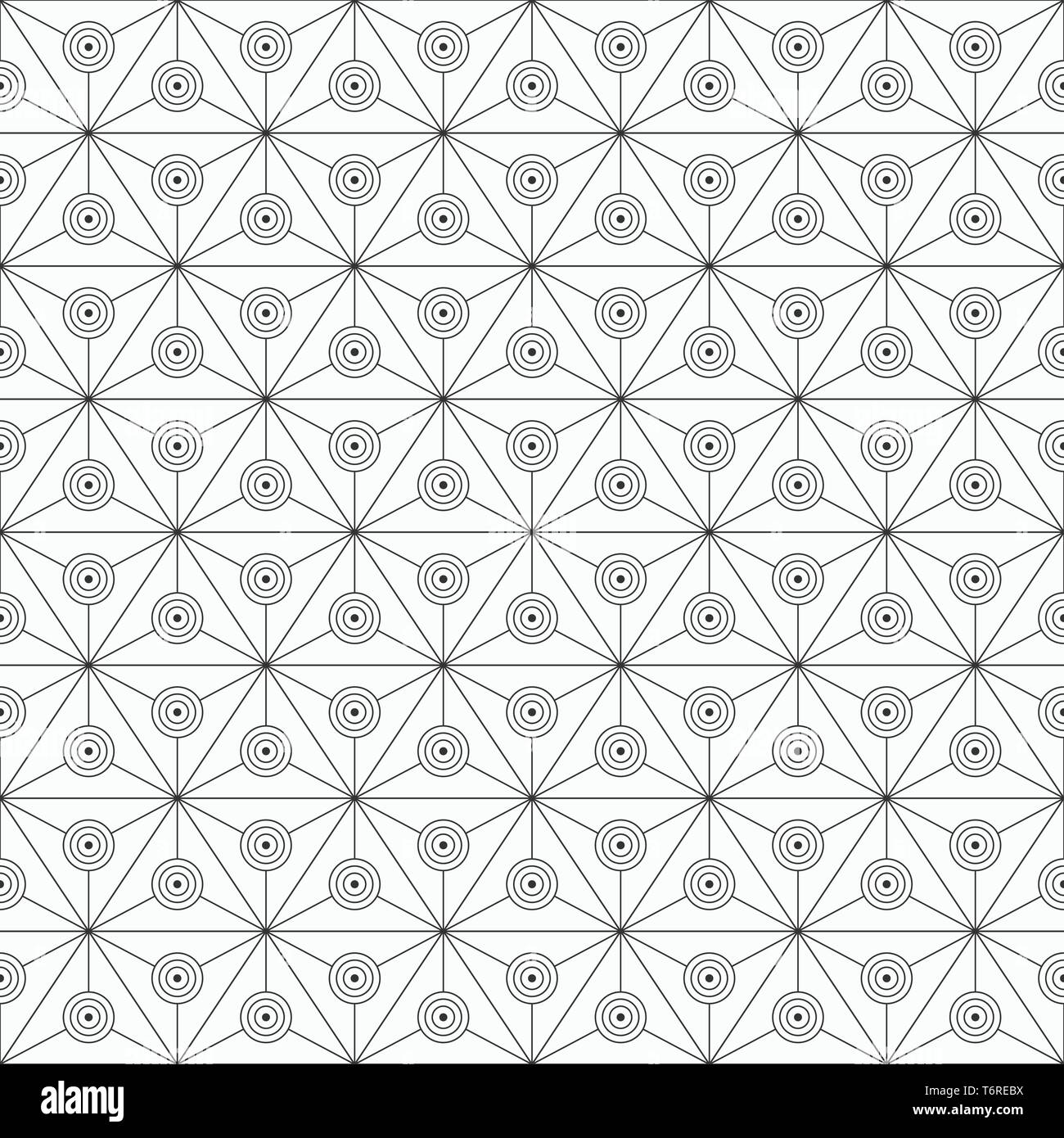 Abstract seamless pattern of triangles divided into three equal parts with a circles inside. Repeating geometric tiles. Modern stylish texture. Stock Vector