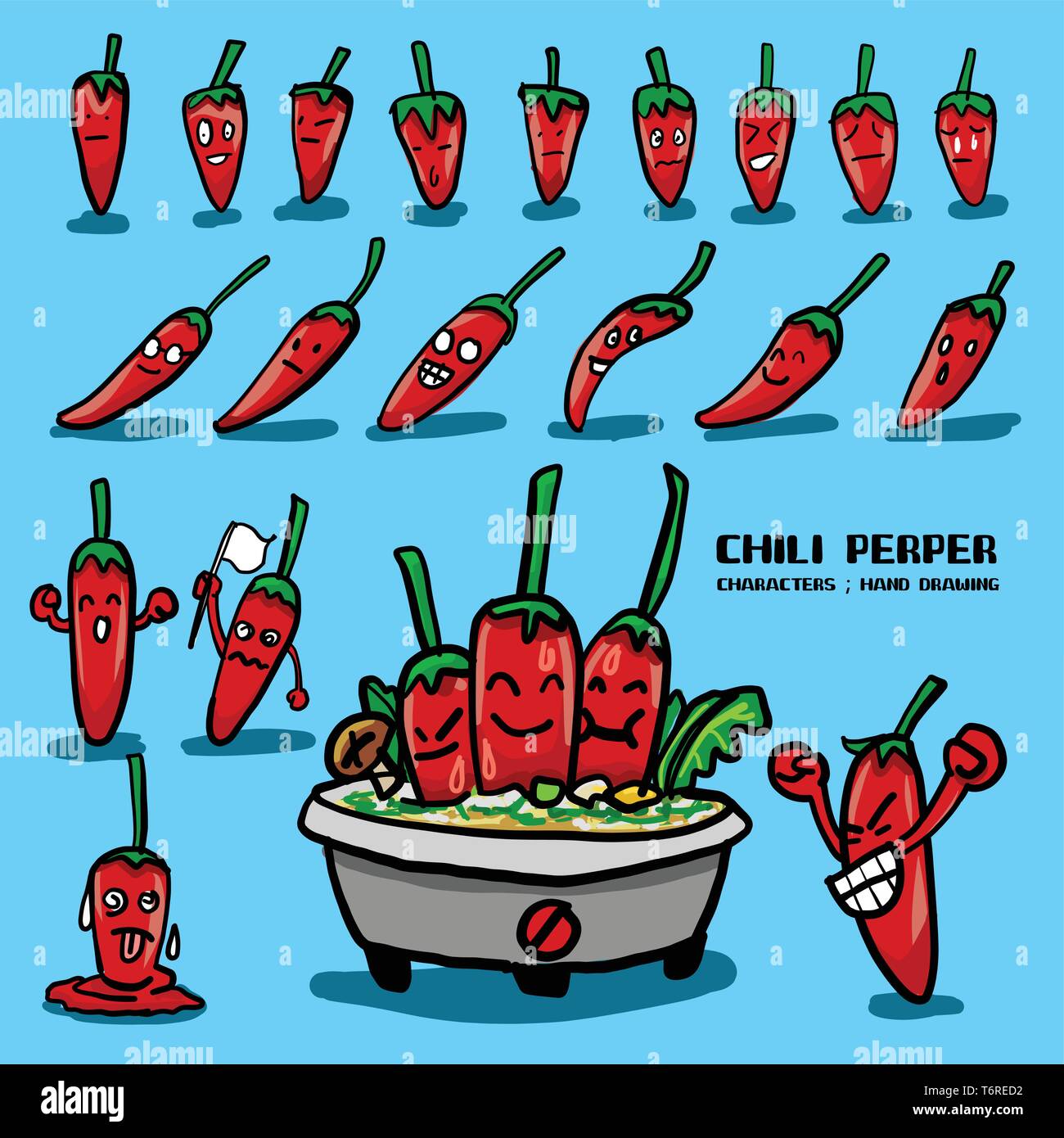 Chili pepper characters drawing by free hand and so many emotions in cartoon style Stock Vector