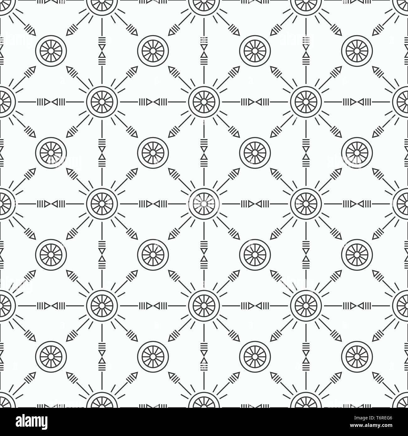 Vector monochrome seamless pattern. Regularly repeating ornament of geometric shapes. Modern stylish texture. Linear style. Abstract symbols. Stock Vector
