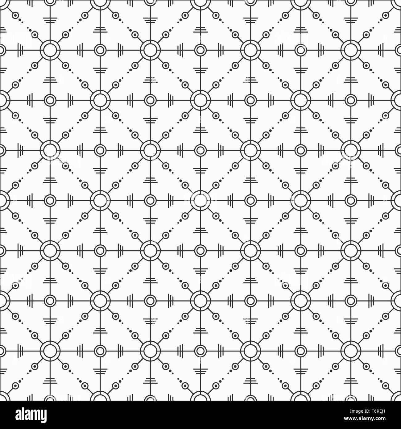 Vector monochrome seamless pattern. Regularly repeating ornament of geometric shapes. Modern stylish texture. Linear style. Abstract symbols. Stock Vector