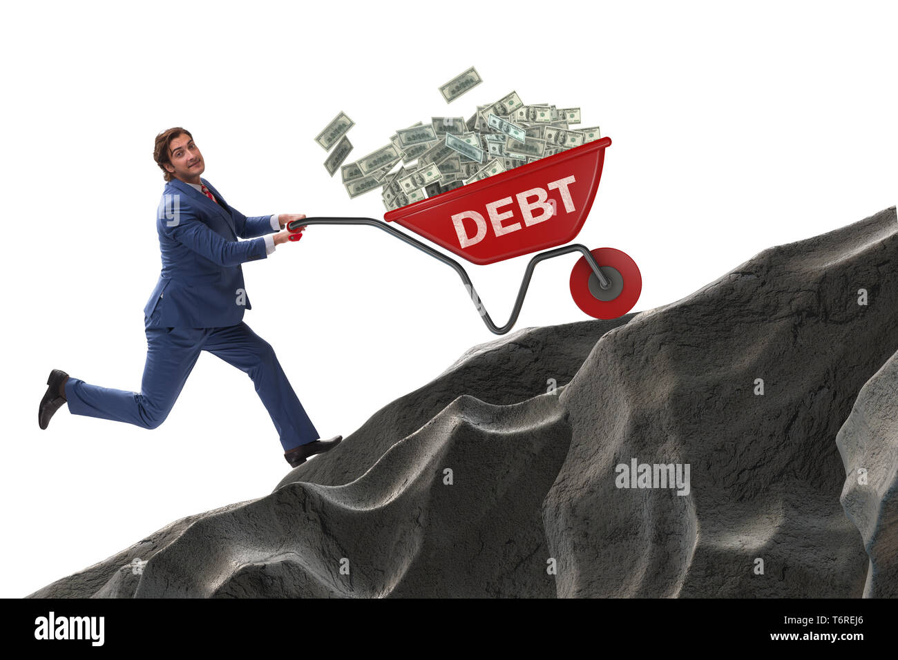 Businessman pushing wheelbarrow uphill in debt loan concept Stock Photo