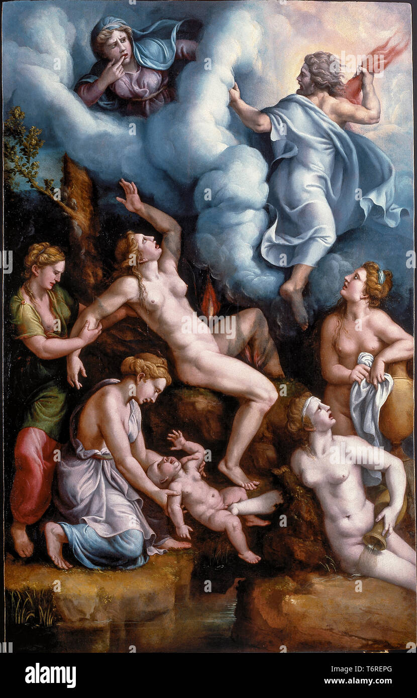 Giulio Pippi Romano  -  la Nascita di Bacco ( the birth of Bacchus ) - the nurses take Bacchus, Jupiter returns to Olympus, Juno observes the scene - 1530 Stock Photo