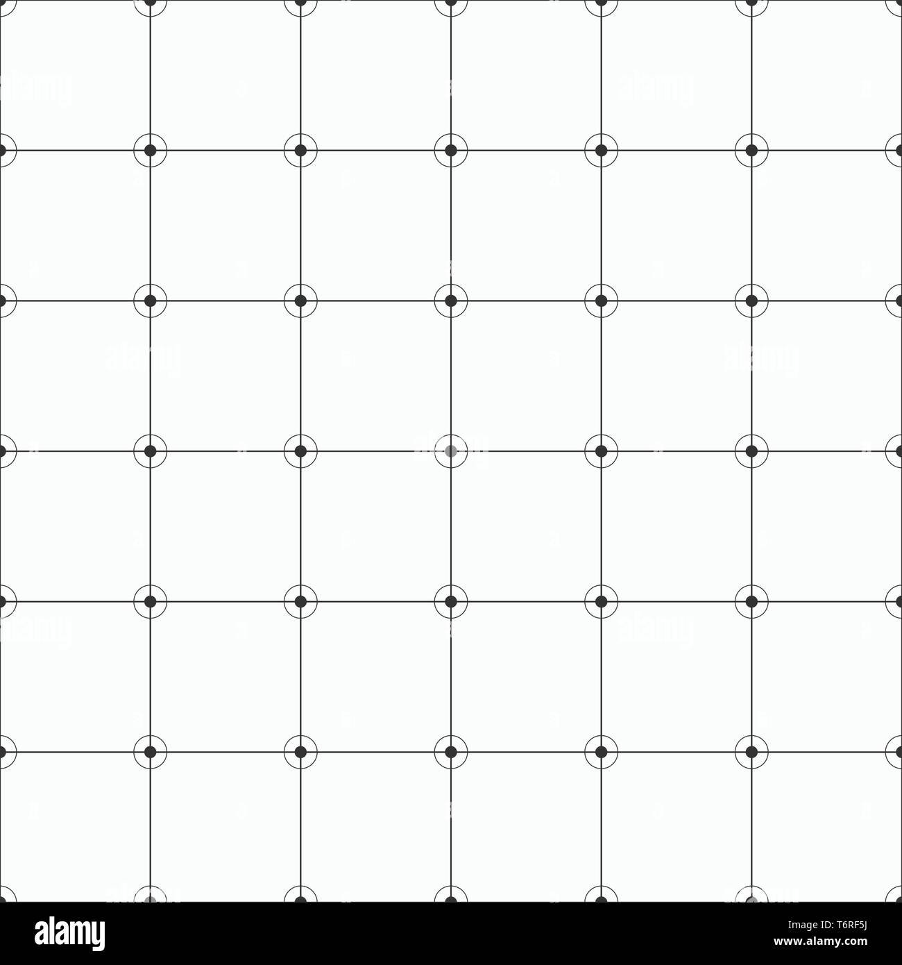 Vector monochrome seamless pattern. Geometric background with square. Dots connected with lines. Circles on the corners of shapes. Stock Vector