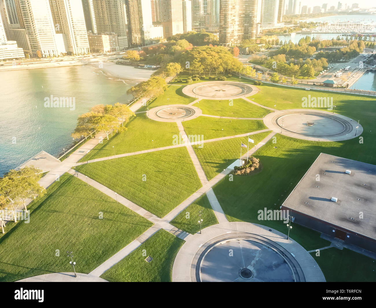 Aerial view Chicago skyscraper from waterfront park by Lake Michigan