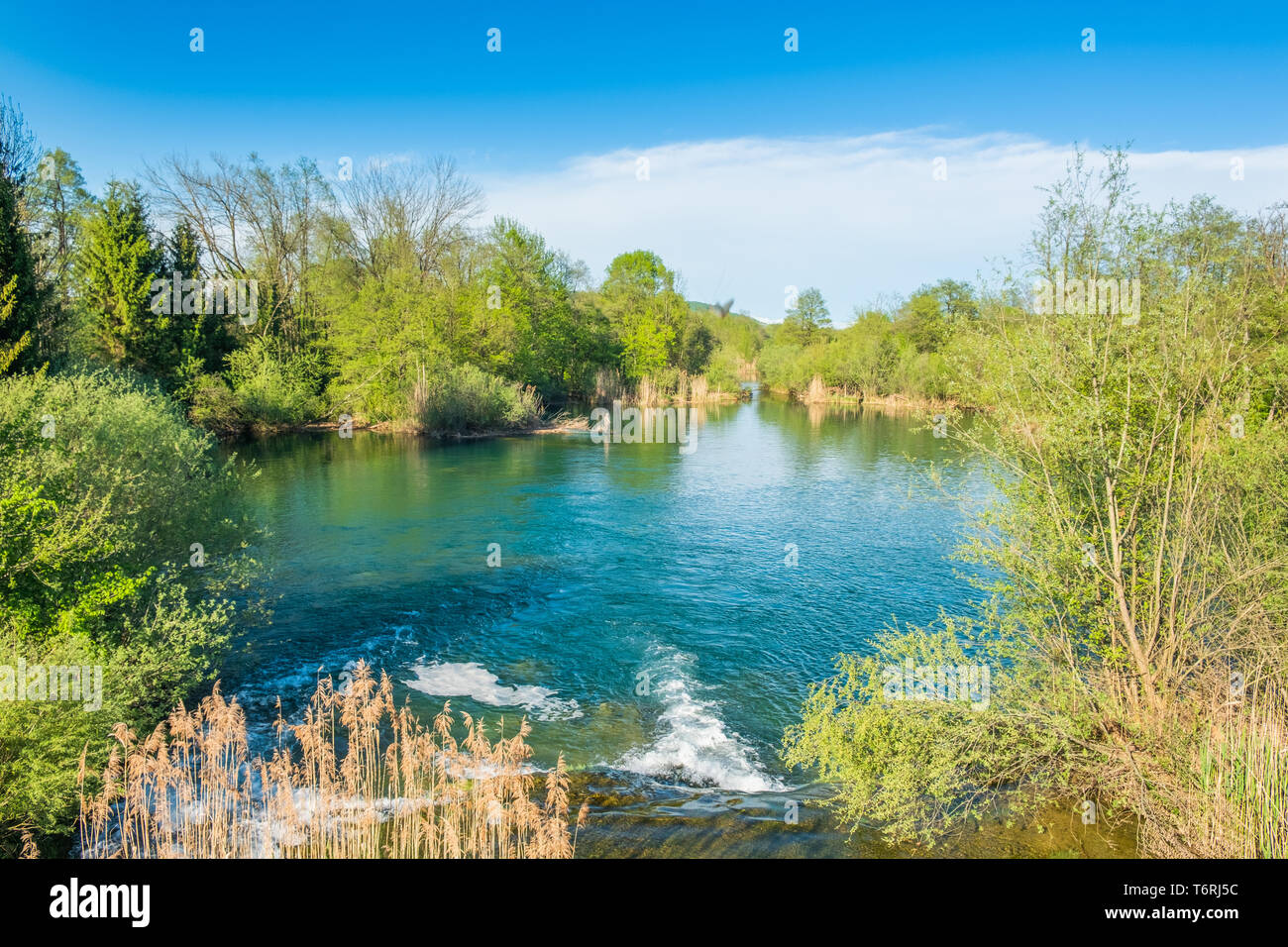 Croatia, green countryside, Mreznica river from air, panoramic view of ...