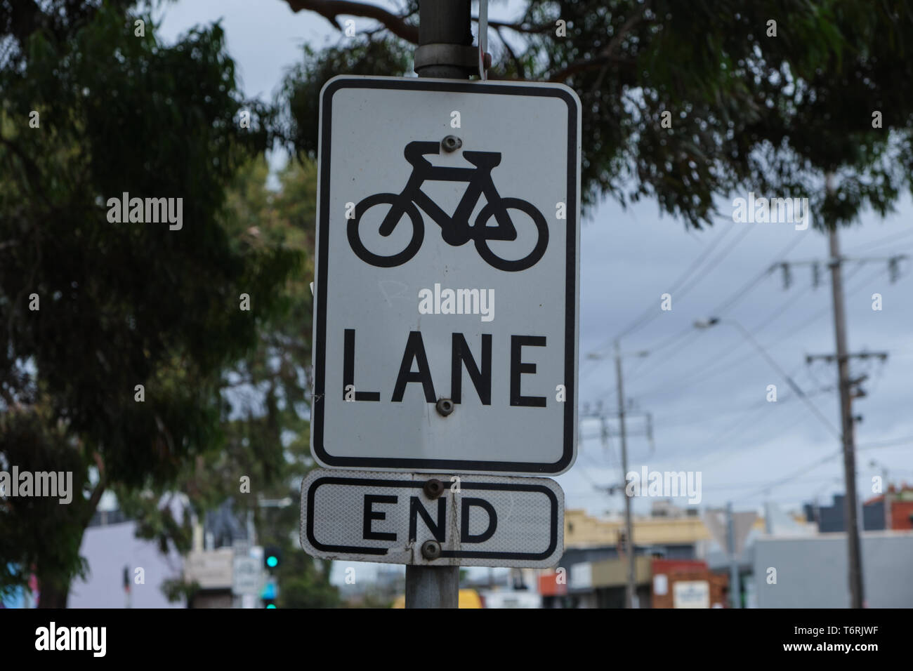 Bike lane end sign with overhanging tree branches, cloudy sky and power
