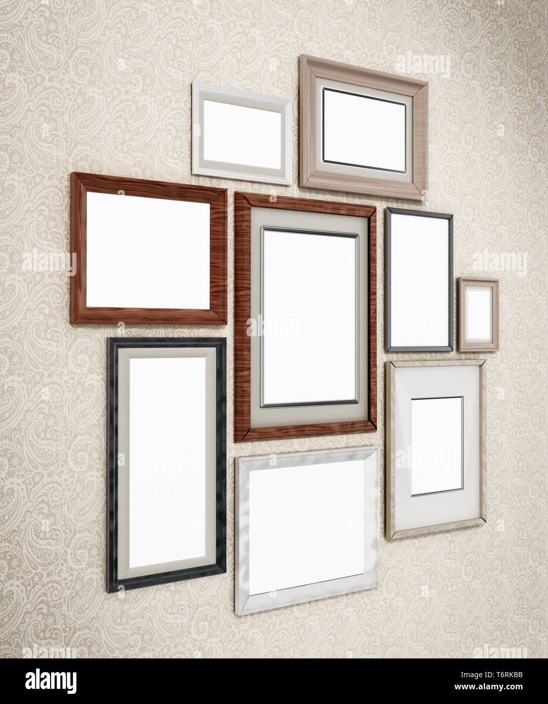 Picture frames arranged on the wall. 3D dimensional. Stock Photo