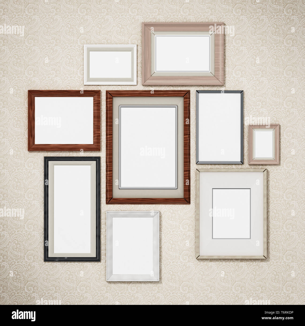 Picture frames arranged on the wall. 3D dimensional. Stock Photo