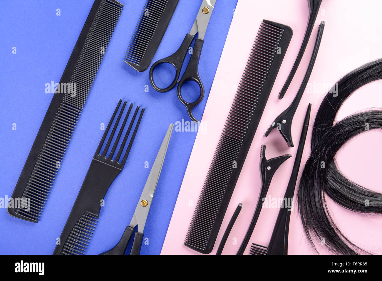 Flat Lay Composition With Hairdresser S Tools And Strand Of Black