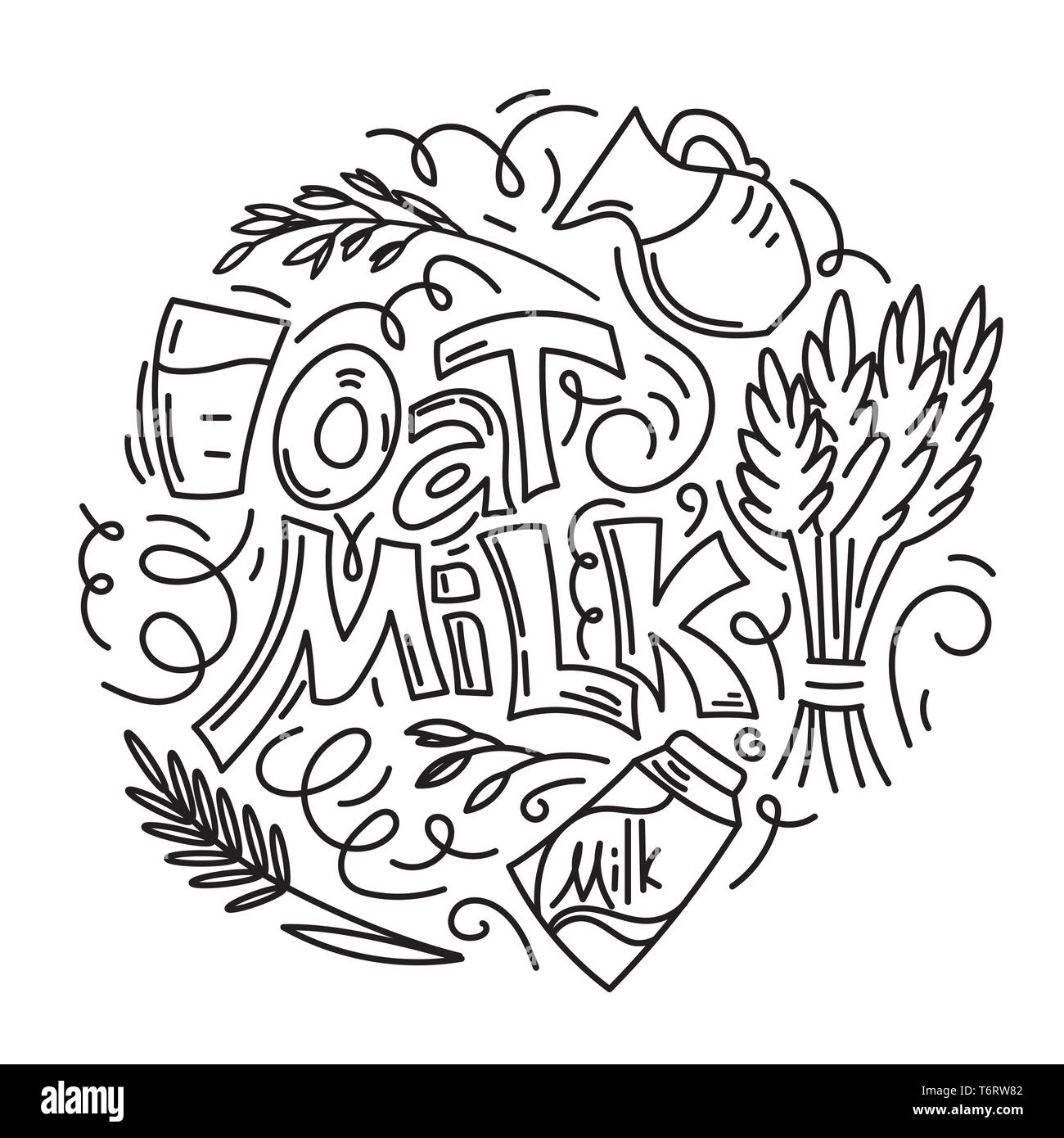 Oat milk hand drawn lettering. Spikes and grains of oats, glass with oat milk, carton box and glass jar of milk. Doodle style, linear, black and white, vector illustration. Stock Vector