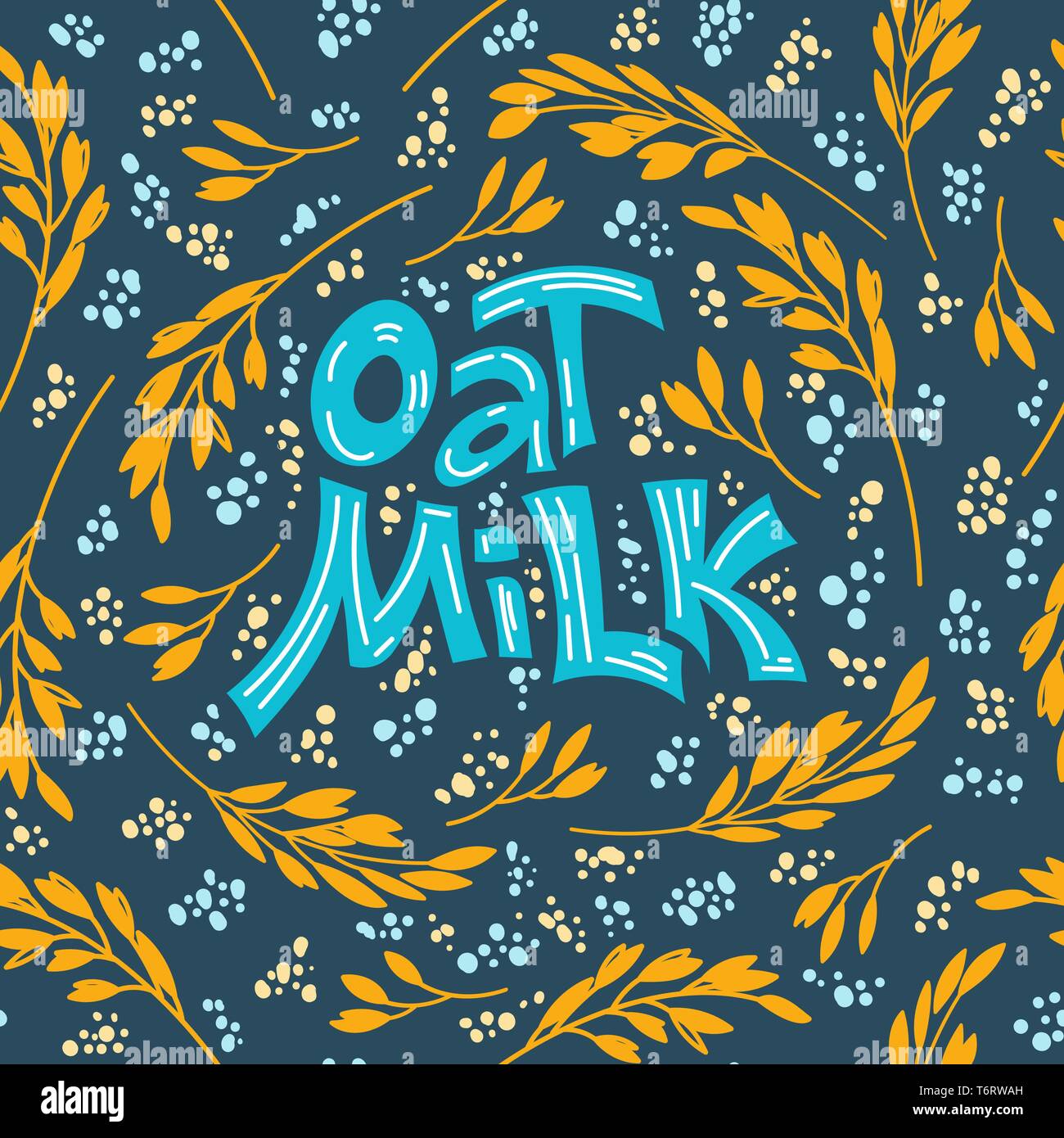 Seamlees pattern background. Oat milk hand drawn lettering. Spikes and grains of oats, glass with oat milk, carton box and glass jar of milk. Doodle style, vector illustration. Stock Vector