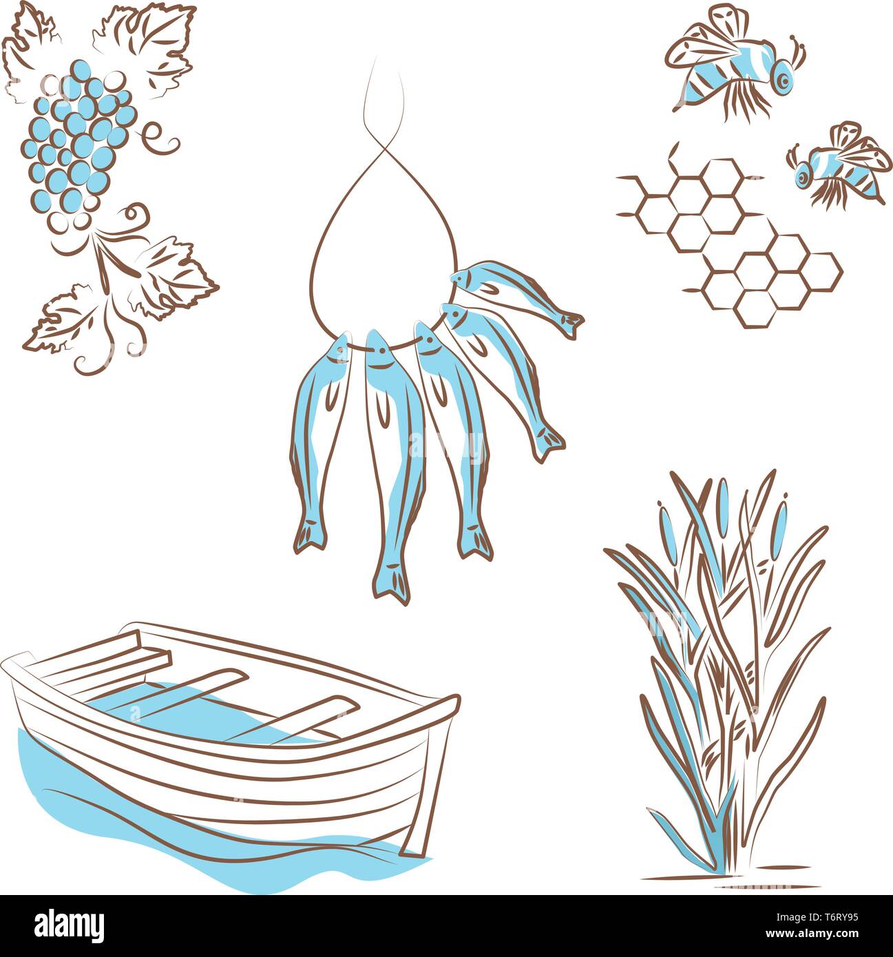 Vector illustration, logo about summer types of recreation on the river. Sketches of boats, reeds, fishing, fish on a rope, bees collect honey, honeyc Stock Vector