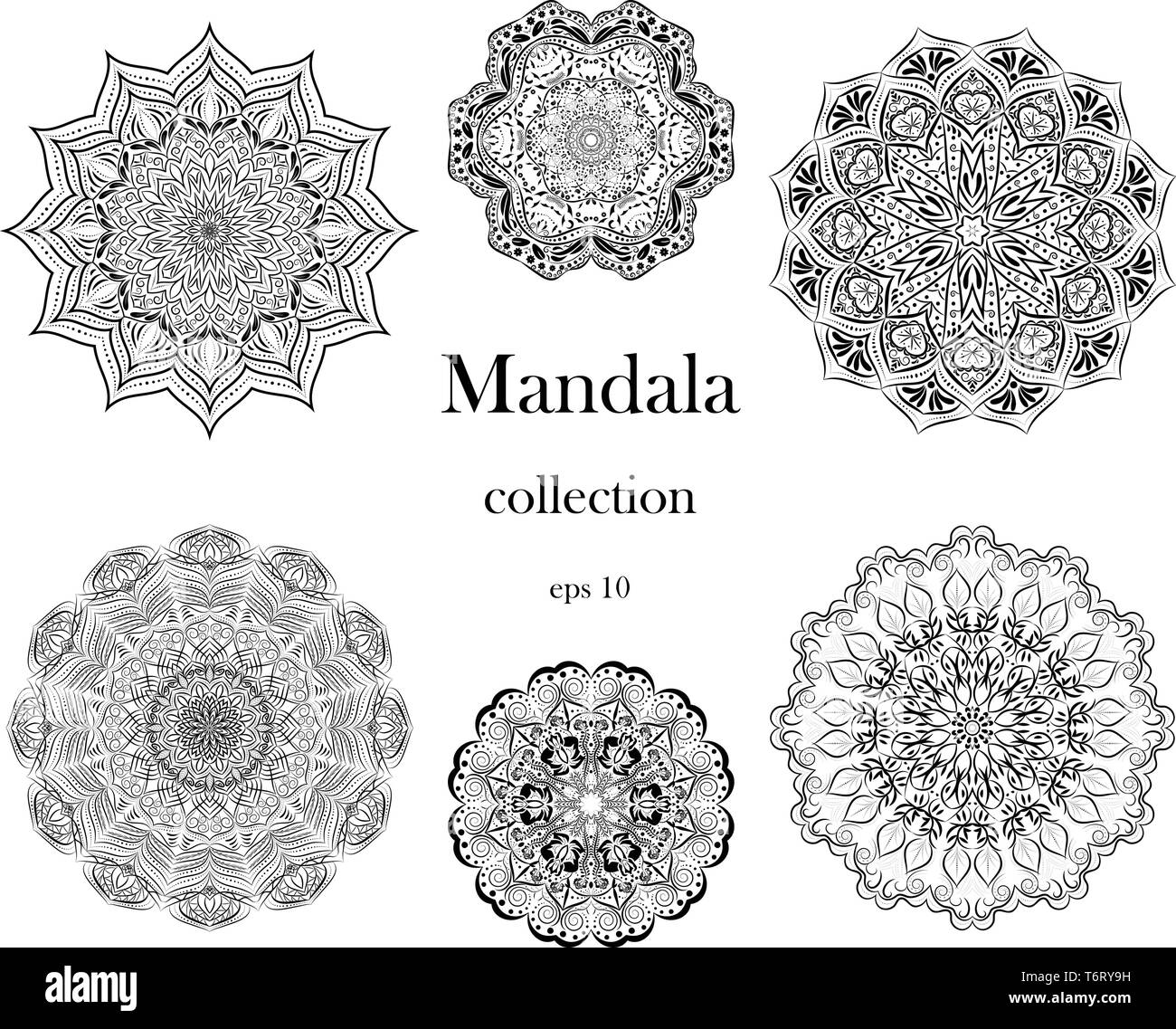 Mandala design element decoration set on white isolated background. 6 decorative floral pattern. Stock Vector