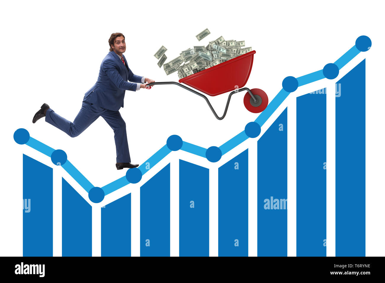 Businessman pushing wheelbarrow full of dollar money Stock Photo Alamy