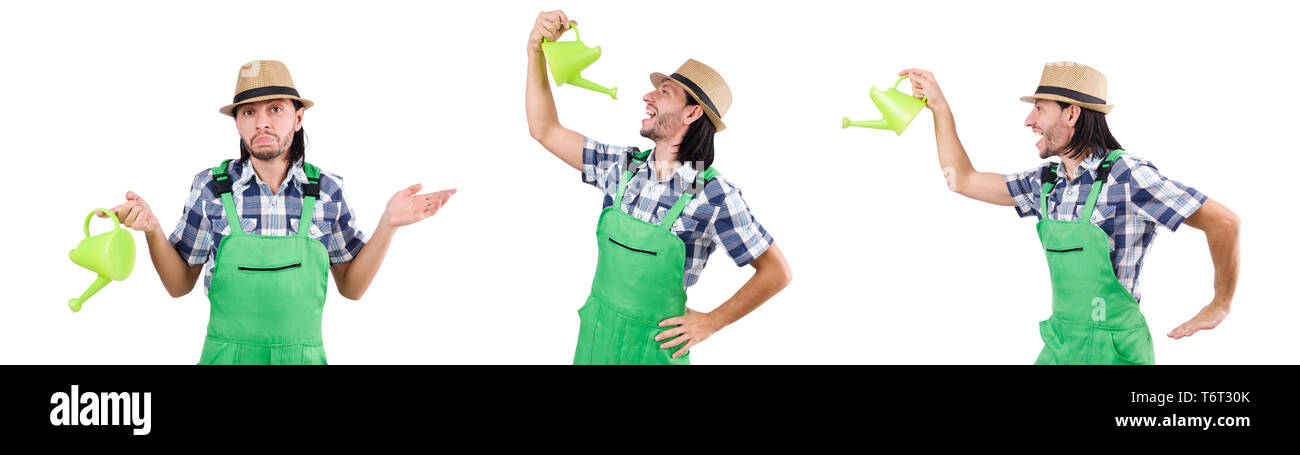 Young cheerful gardener with watering can isolated on white Stock Photo ...