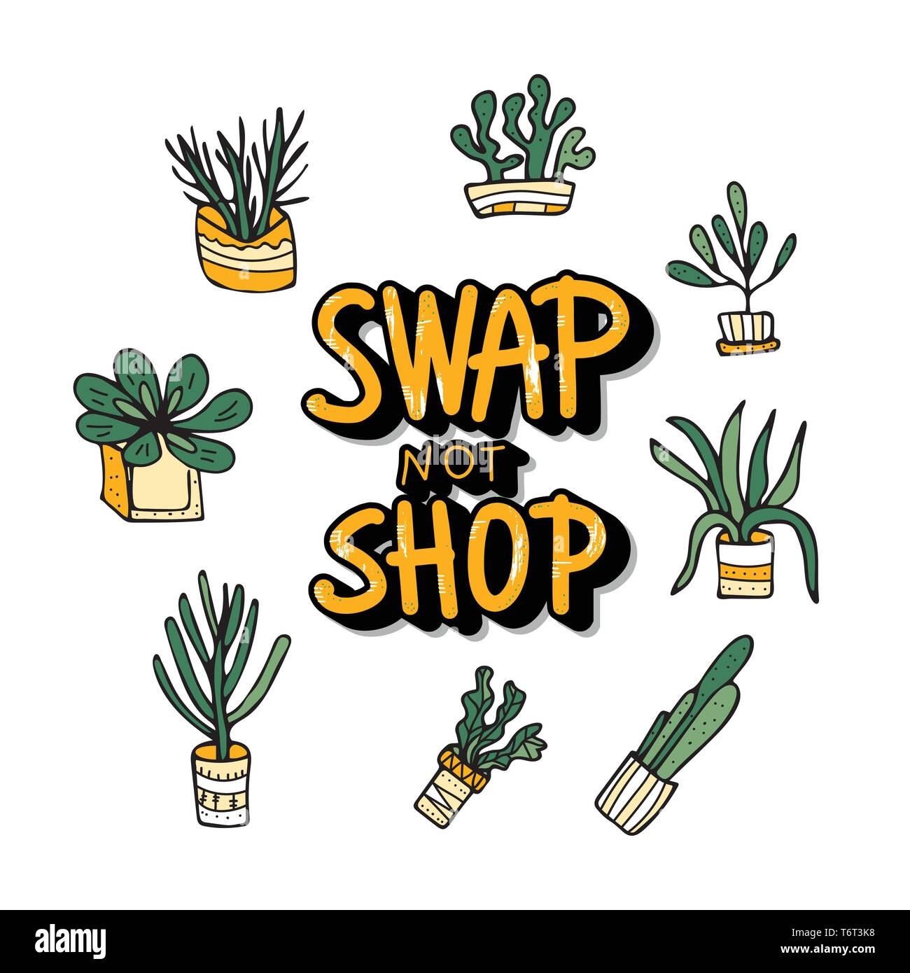 Swap quote with succulets in doodle style. Swap meet. Plant exchange